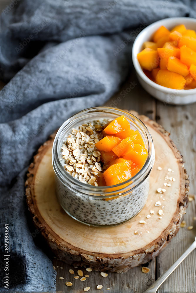 Homemade chia seed pudding with banana, smashed fresh apricot and oat meals on wooden board with copy space. Meal plan concept
Homemade chia seed pudding with banana, smashed fresh apricot and oat meals on wooden board with copy space. Meal plan concept