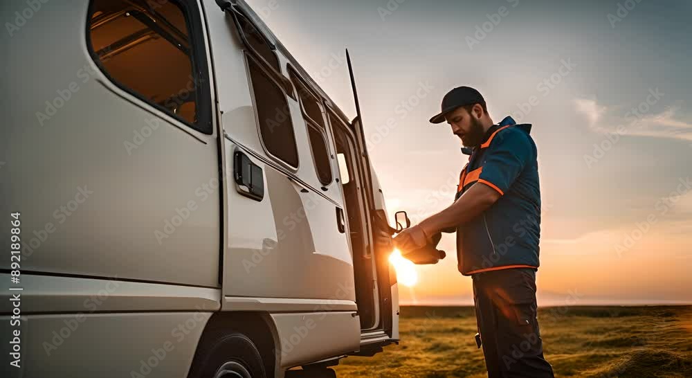 Man camping a camper van. Man camping a camper van.