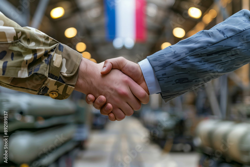 Military personnel and businessperson shake hands in front of blurred french flag