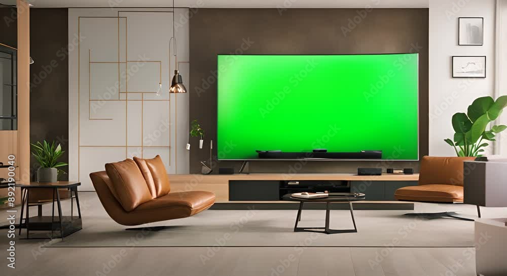 TV screen blank mockup background with blank green screen in the living room while watching 4k animation TV screen blank mockup background with blank green screen in the living room while watching 4k animation