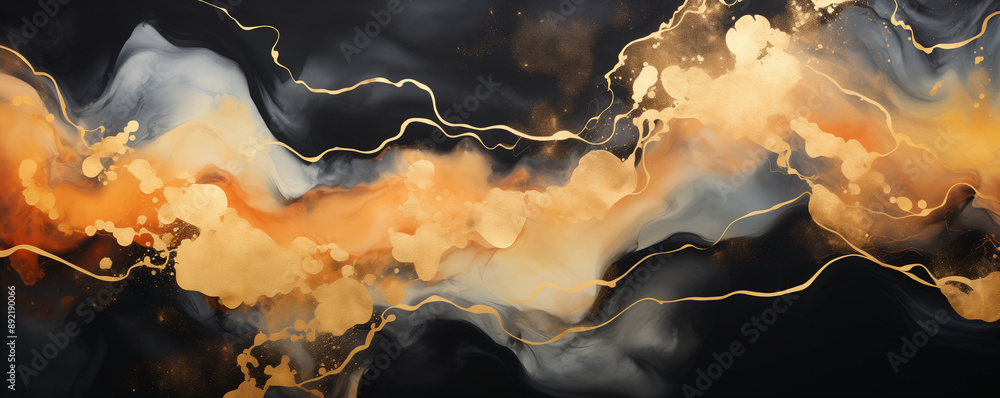 Elegant abstract art featuring flowing gold and black patterns, with smooth gradients and shimmering effects, ideal for background use. Elegant abstract art featuring flowing gold and black patterns, with smooth gradients and shimmering effects, ideal for background use.
