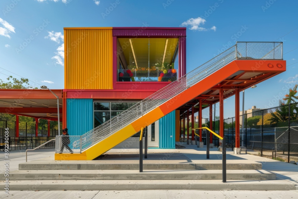 Colorful Architecture with a Staircase Leading to a Modern Building Colorful Architecture with a Staircase Leading to a Modern Building