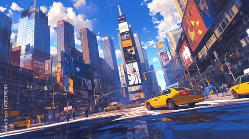 Vibrant cityscape featuring Times Square, New York City. The scene is filled with tall skyscrapers, bright billboards, and yellow taxis. 