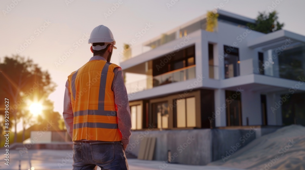 Construction worker in orange vest and helmet inspects site. Construction worker in orange vest and helmet inspects site.