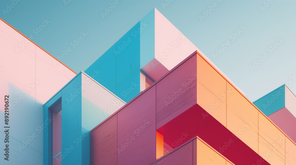 Colorful Geometric Background with Soft Rounded Shapes and a Blue Sky, Featuring Minimalist Architecture of Three Cube Buildings, Highlighted by a Soft Gradient from Pink to Orange and Clear Lines Colorful Geometric Background with Soft Rounded Shapes and a Blue Sky, Featuring Minimalist Architecture of Three Cube Buildings, Highlighted by a Soft Gradient from Pink to Orange and Clear Lines