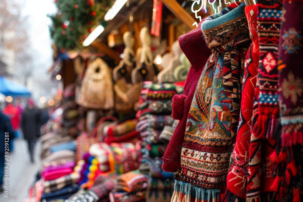 Fototapeta premium Colorful Knitted Scarves Displayed at a Christmas Market