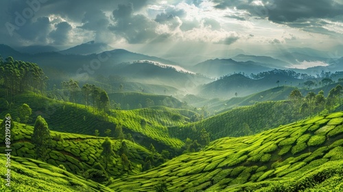 panoramic view of lush green tea plantations in munnar india rolling hills landscape travel photography