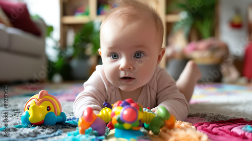 baby playing with toys, A Brightly colored and toys designed for tummy time, encouraging a baby to lift their head and explore