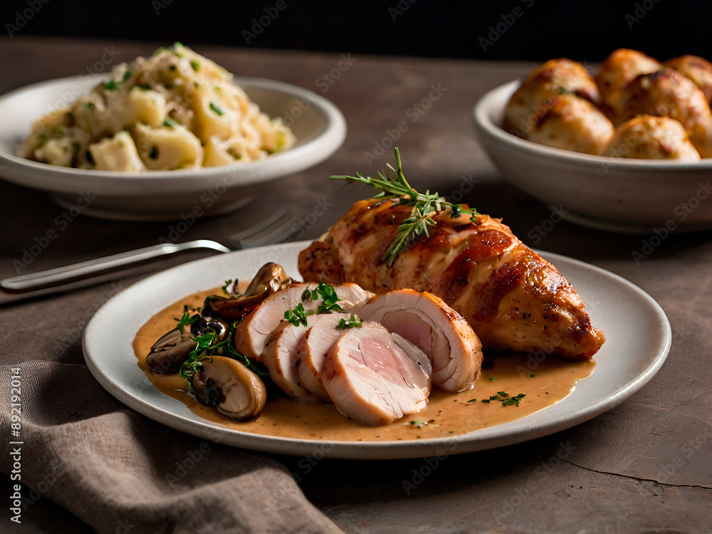 Decadent Chicken Entrees: A menu with indulgent chicken dishes, such as truffle-stuffed chicken breast, chicken wrapped in prosciutto, and chicken with a creamy mushroom sauce. Decadent Chicken Entrees: A menu with indulgent chicken dishes, such as truffle-stuffed chicken breast, chicken wrapped in prosciutto, and chicken with a creamy mushroom sauce.