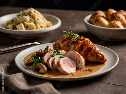 Decadent Chicken Entrees: A menu with indulgent chicken dishes, such as truffle-stuffed chicken breast, chicken wrapped in prosciutto, and chicken with a creamy mushroom sauce.