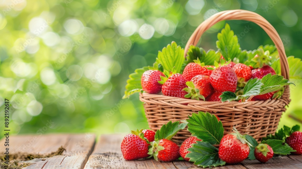 A basket of fresh strawberries with leaves, placed on a wooden table. A basket of fresh strawberries with leaves, placed on a wooden table.