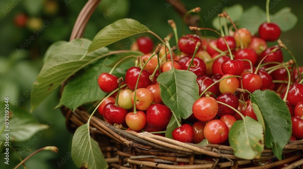 Obraz premium A basket of freshly picked cherries with leaves attached.