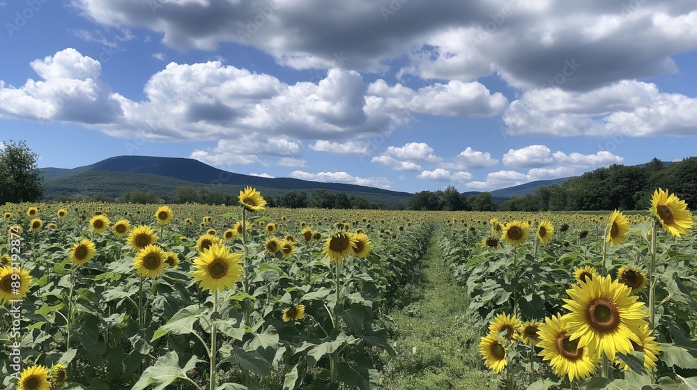 Obraz premium Sunflowers in a field with bright yellow petals and vibrant green leaves reach towards a clear blue sky with fluffy white clouds, mountain range in the background