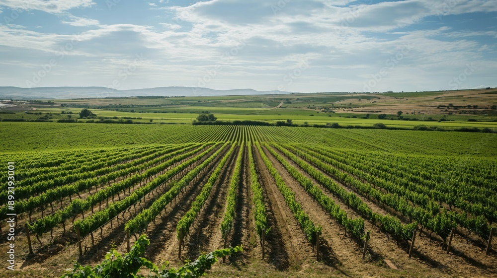 Rolling hills covered in a vineyard glow in the afternoon sun, with straight rows of grapevines creating a vibrant pattern stretching into the distance Rolling hills covered in a vineyard glow in the afternoon sun, with straight rows of grapevines creating a vibrant pattern stretching into the distance