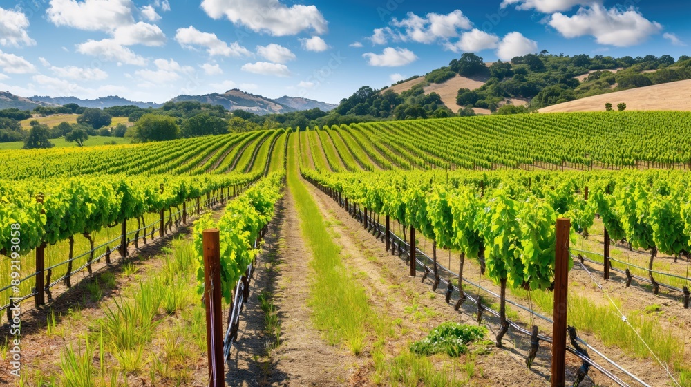 Obraz premium Rows of grape vines stretch out under a clear blue sky, with rolling hills in the distance