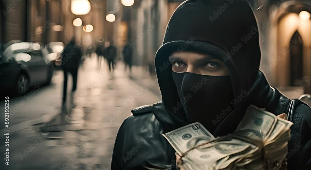 Thief with balaclava and with money. Thief with balaclava and with money.