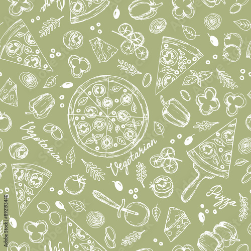 Seamless pattern of hand drawn line art white vegetarian pizza ingredients: bell pepper, tomatoes, cheese, onion, olive, basil.Pizza wheel and slices of fast food on green background