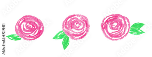 Set of grunge pastel chalk sketch magenta pink roses with green leaves.Hand drawn simple design elements.Isolated on white