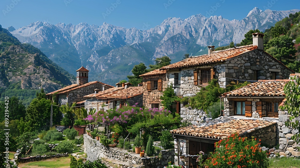 Obraz premium A charming village nestled in the mountains with a clear blue sky 