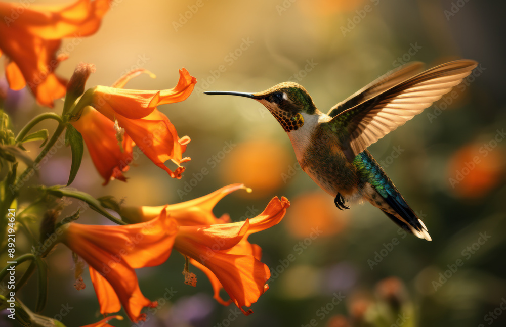 Naklejka premium Hummingbird Hovering Near an Orange Flower