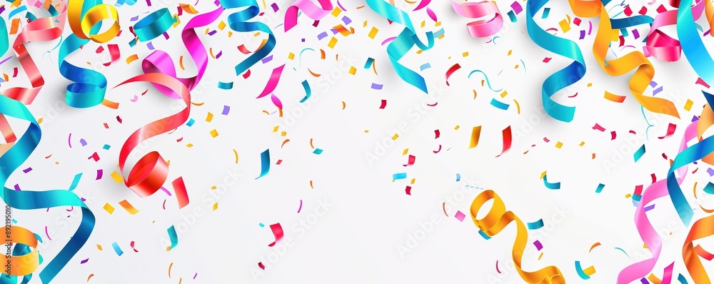 Colorful Confetti and Ribbons on White Background, Flat Lay Banner Design with Copy Space for Celebration or Partying Event, Hand Drawn Style Colorful Confetti and Ribbons on White Background, Flat Lay Banner Design with Copy Space for Celebration or Partying Event, Hand Drawn Style