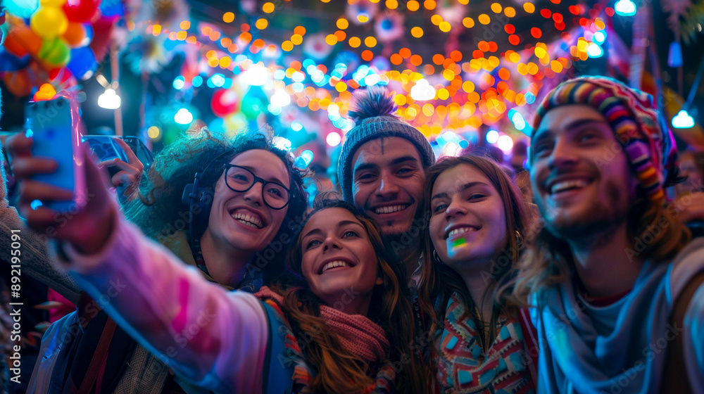 Group Of Friends Taking A Selfie At A Colorful Festival, world friendship day Group Of Friends Taking A Selfie At A Colorful Festival, world friendship day