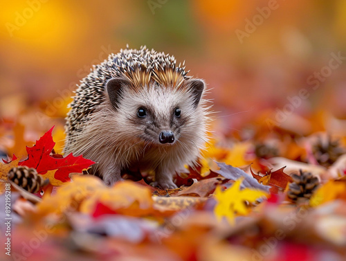 Hedgehog in Autumn Leaves photo