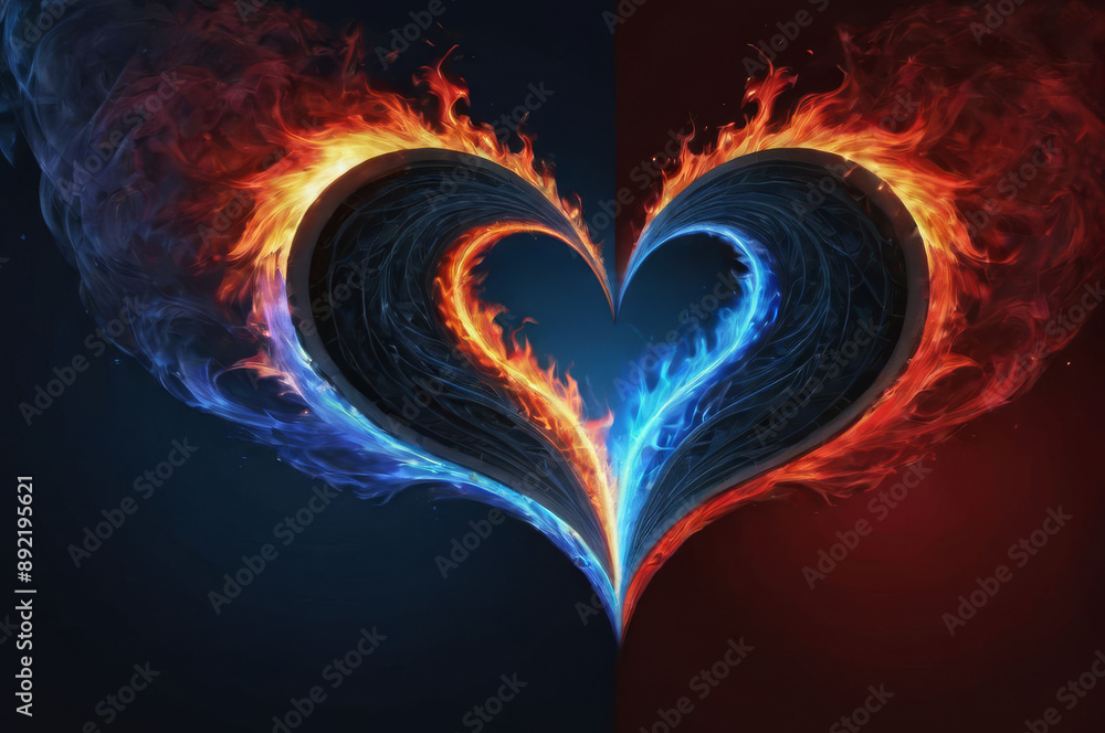 Burning heart. Ice and flame. Fantasy landscape. Burning heart. Ice and flame. Fantasy landscape.