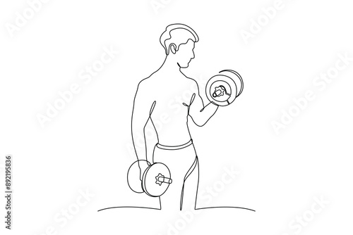 continues line art man lifts heavy barbells at the gym illustrator line art