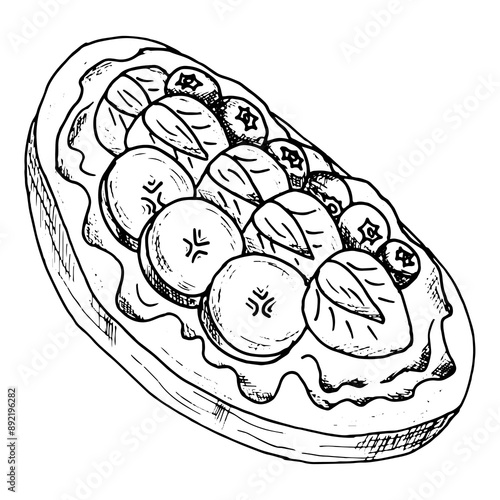 Minimalistic simple black and white doodle morning sandwich with bread blueberry strawberry berry banana peanut butter. Fast food healthy meal