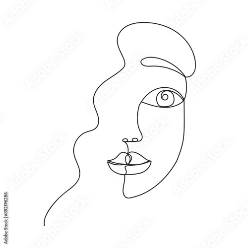 One line art drawing sketch of young woman girl isolated on white.Organic cosmetics, beauty and hair care concept