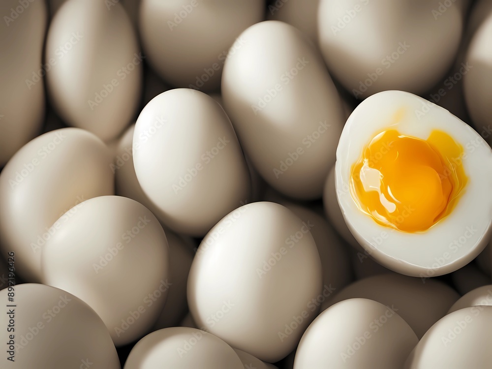 Multiple boiled eggs, one egg expertly sliced, exposing a bright yellow yolk Multiple boiled eggs, one egg expertly sliced, exposing a bright yellow yolk