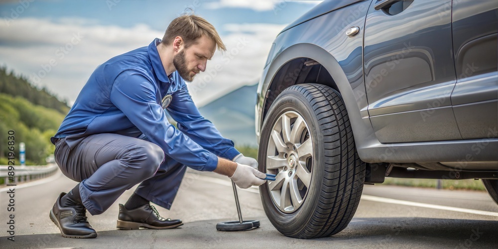 young man with tire in the car young man with tire in the car