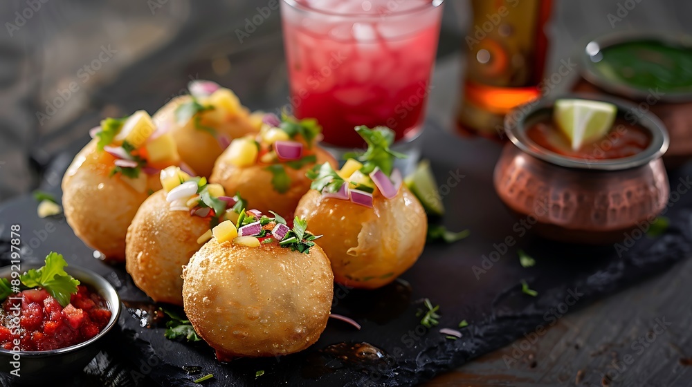 Pani puri served nicely on a sleek slate platter with red cold drink Pani puri served nicely on a sleek slate platter with red cold drink