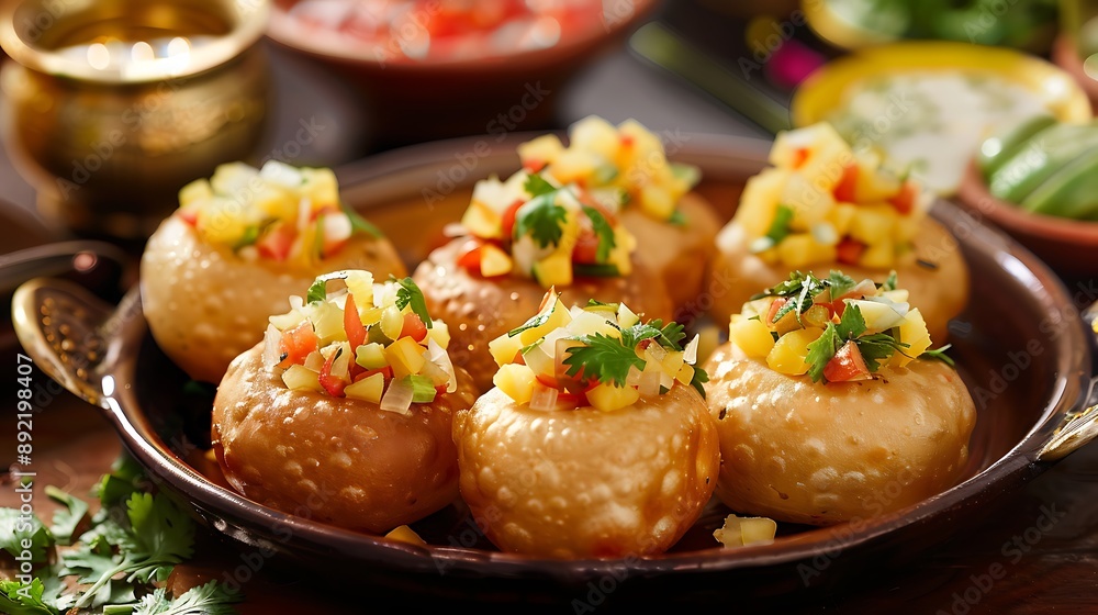 Pani puri stuffed with shredded potatoes and beans Pani puri stuffed with shredded potatoes and beans