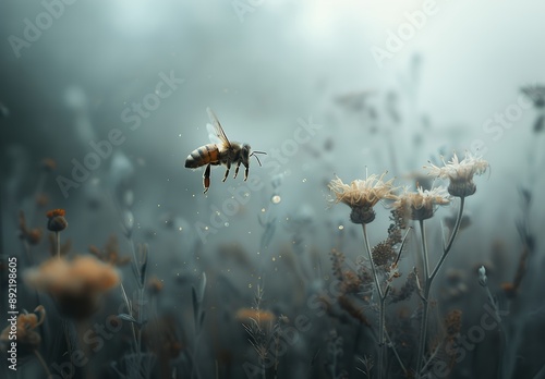 close up of small bee flying above dry flowers, blurry background, misty, foggy, overcast sky, shallow depth of field, bokeh, low angle shot, rule or thirds composition, nature photography, high resol photo