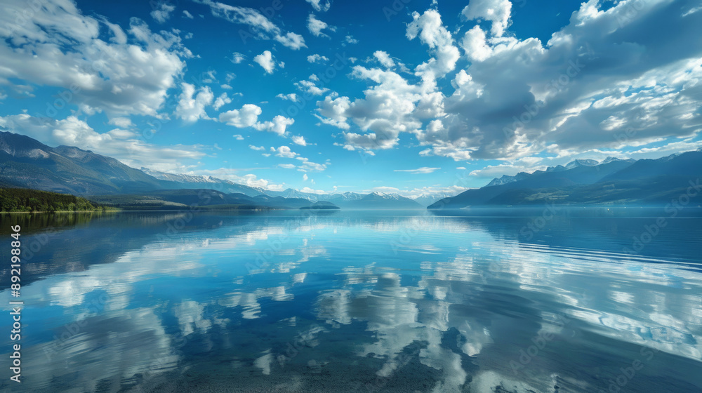 A calm lake reflecting the clouds in the sky and a distant mountain range. A calm lake reflecting the clouds in the sky and a distant mountain range.
