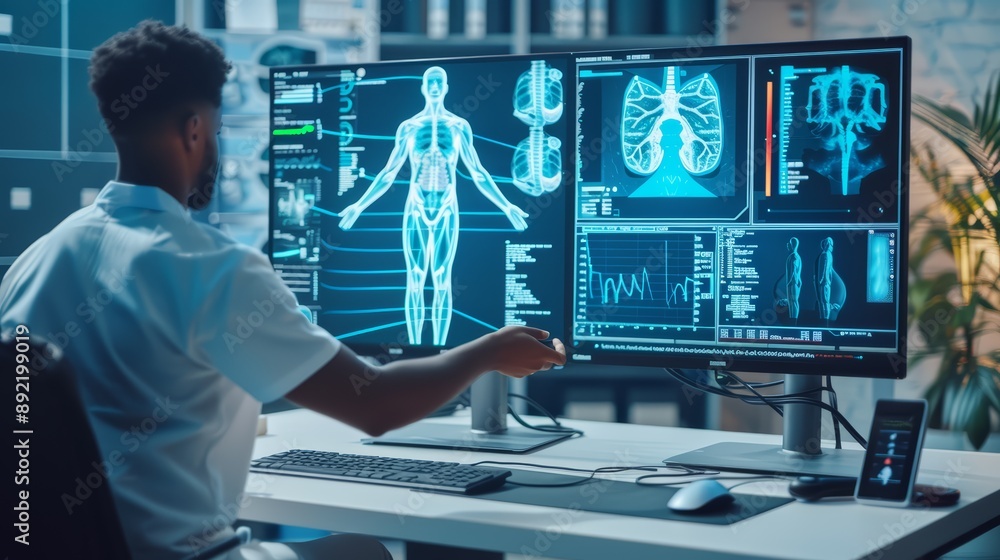Medical Professional Analyzing Human Body Scans on Computer Medical Professional Analyzing Human Body Scans on Computer