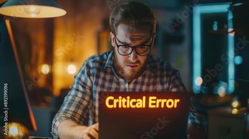 A business owner looking stressed at a laptop with 