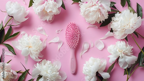 pink Tangle Teezer hair brush for girls in frame of white peonies on pink background photo