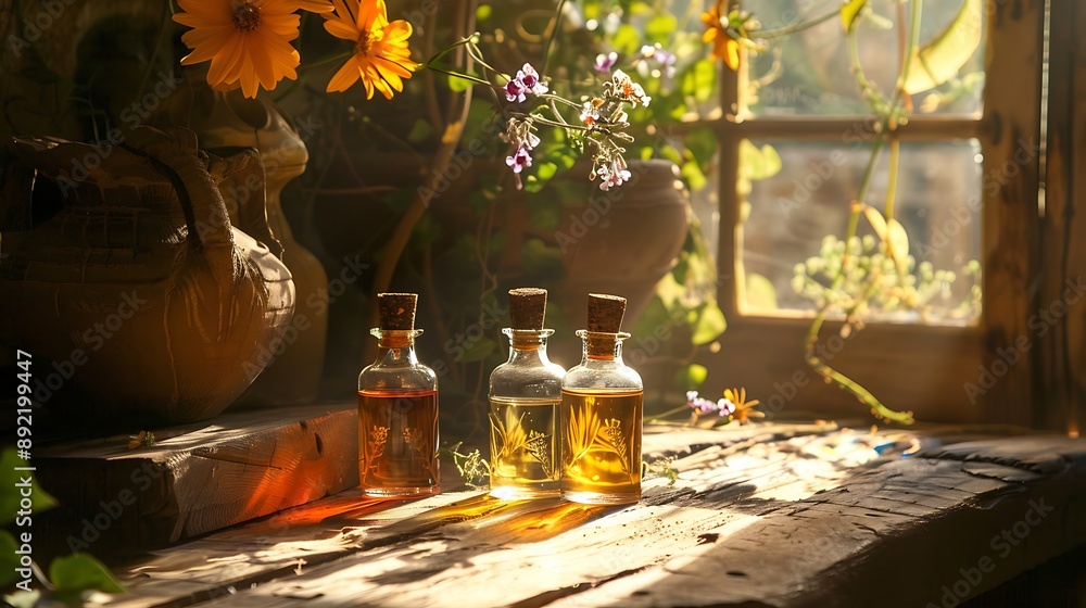 Perfumed oil pillows light toward an arrangement of timber