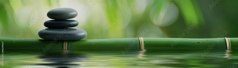 Zen rock balancing on bamboo water fountain Zen rock balancing on bamboo water fountain