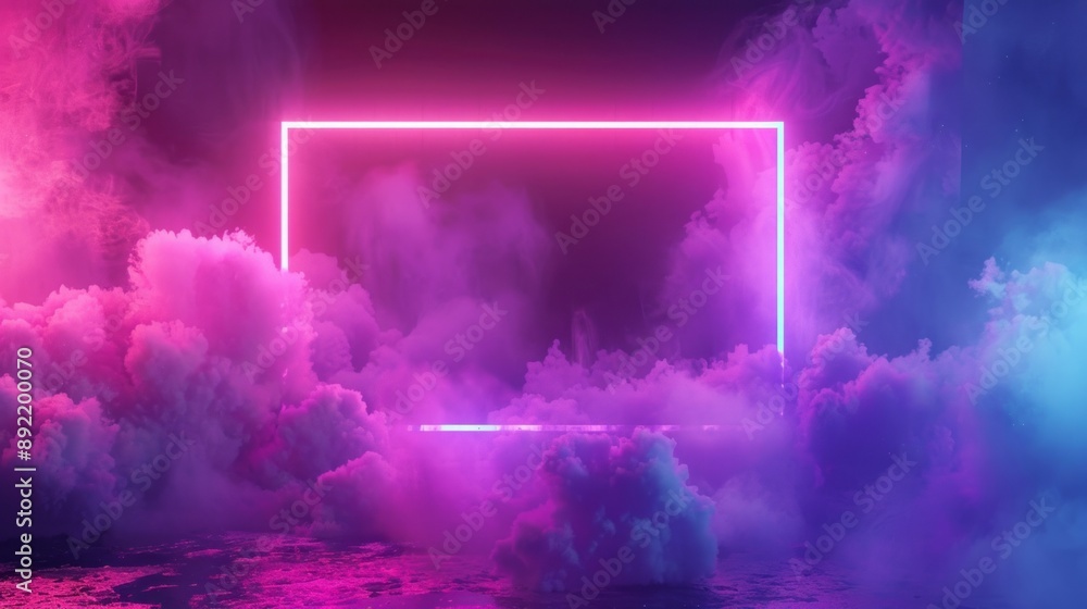 Naklejka premium Abstract neon background with glowing rectangle shape and spinning cloud. Blank geometric frame