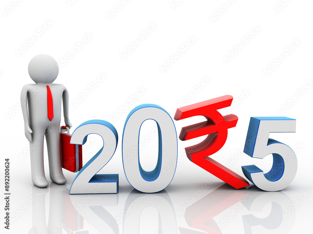 3D illustration Rupee currency sign with 2025 near business man 3D illustration Rupee currency sign with 2025 near business man