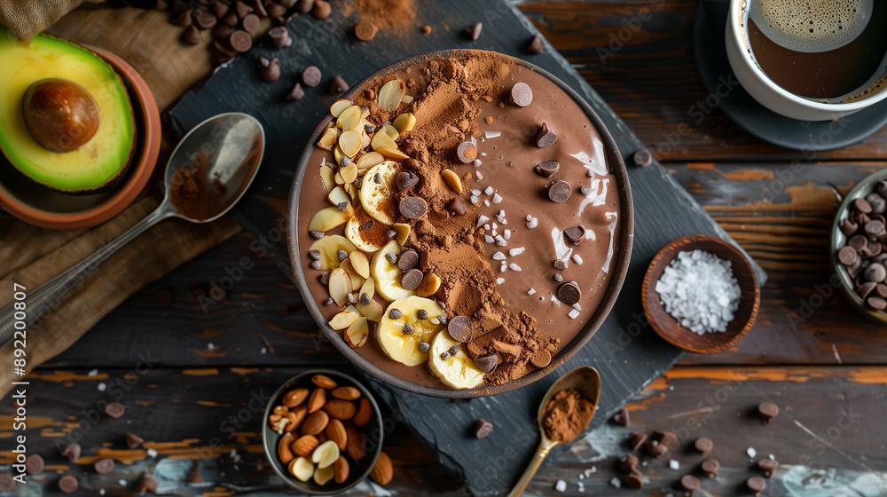 Fruit and chocolate smoothie in a deep bowl decorated with chocolate drops, banana, and crushed almonds with cocoa Fruit and chocolate smoothie in a deep bowl decorated with chocolate drops, banana, and crushed almonds with cocoa