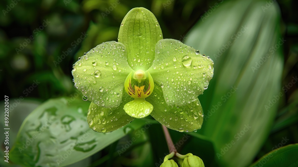 A close-up of a green orchid, unusual in its hue, with fresh dewdrops, set against a complementary background of lush green foliage, emphasizing its unique beauty. A close-up of a green orchid, unusual in its hue, with fresh dewdrops, set against a complementary background of lush green foliage, emphasizing its unique beauty.