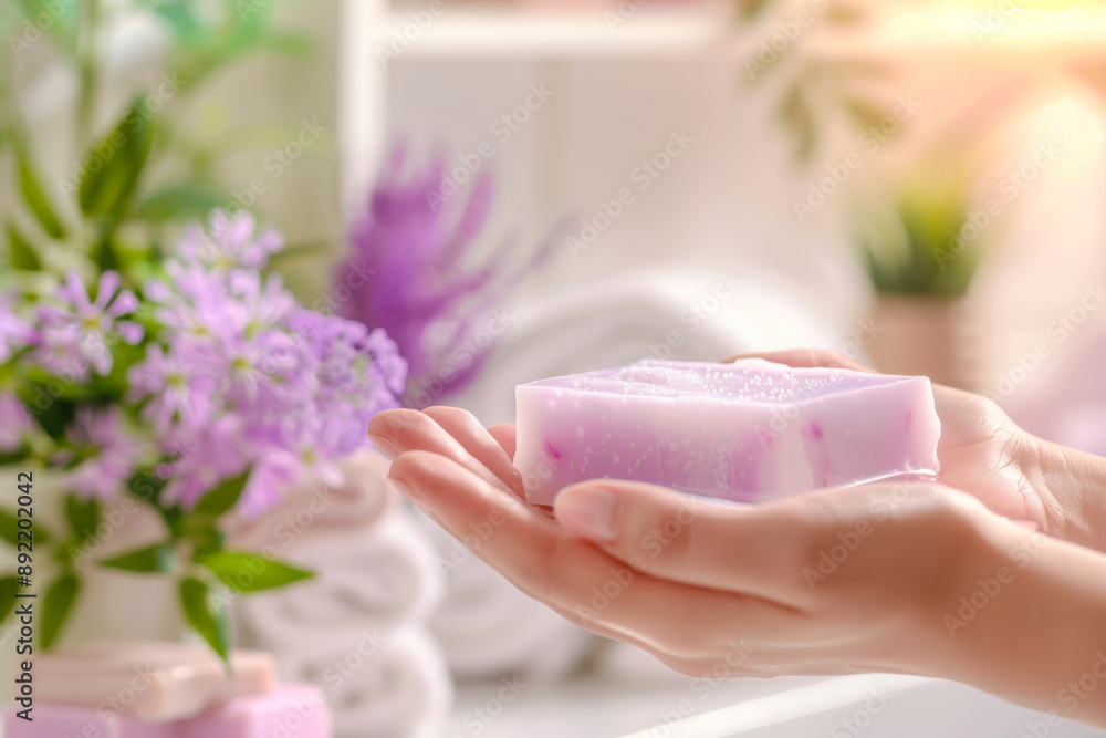 Naklejka premium Woman hands holding handmade soap in hands, surrounded by spring colorful fresh flowers