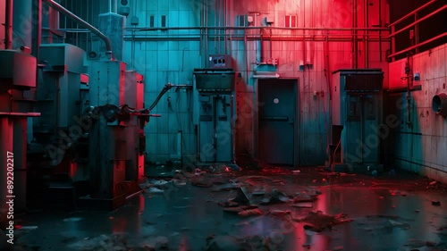Abandoned Industrial Space with Red and Blue Lighting