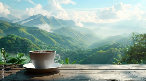 Serene Morning Coffee with Scenic Mountain View - Tranquil Landscape with Lush Green Hills and Misty Clouds