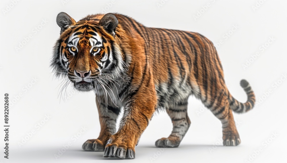 Obraz premium Striped Tiger Walking on a White Background